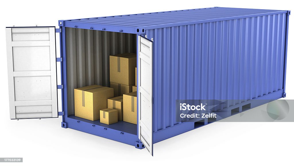 Синий открыл контейнер с картонных коробках внутри - Стоковые фото Белый роялти-фри