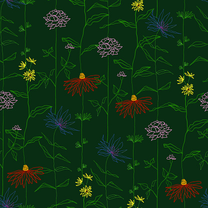Hand Drawn Floral Seamless Pattern with Flowers and Leaves. Acrylic Painting Floral Pattern. Design Element for Greeting Cards and Wedding, Birthday and other Holiday and Invitation Cards.