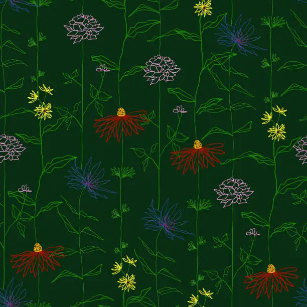 Vector illustration of Hand Drawn Floral Seamless Pattern with Flowers and Leaves. Acrylic Painting Floral Pattern. Design Element for Greeting Cards and Wedding, Birthday and other Holiday and Invitation Cards.