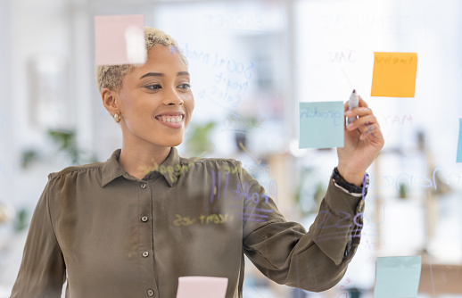 Schedule, agenda and business woman writing, creative and planning sticky notes in office. Small business, startup and black female with idea, vision or career goal, development or marketing mission