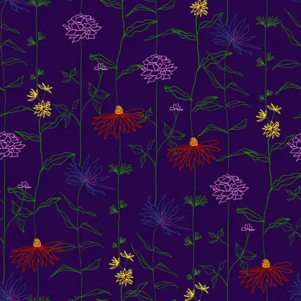 Vector illustration of Hand Drawn Floral Seamless Pattern with Flowers and Leaves. Acrylic Painting Floral Pattern. Design Element for Greeting Cards and Wedding, Birthday and other Holiday and Invitation Cards.