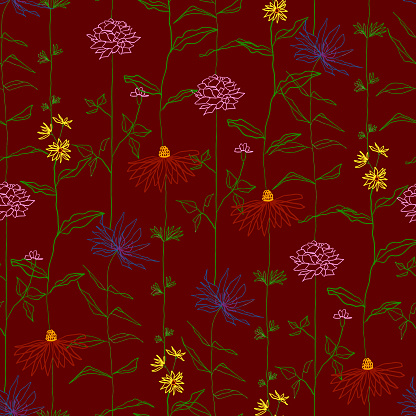 Hand Drawn Floral Seamless Pattern with Flowers and Leaves. Acrylic Painting Floral Pattern. Design Element for Greeting Cards and Wedding, Birthday and other Holiday and Invitation Cards.