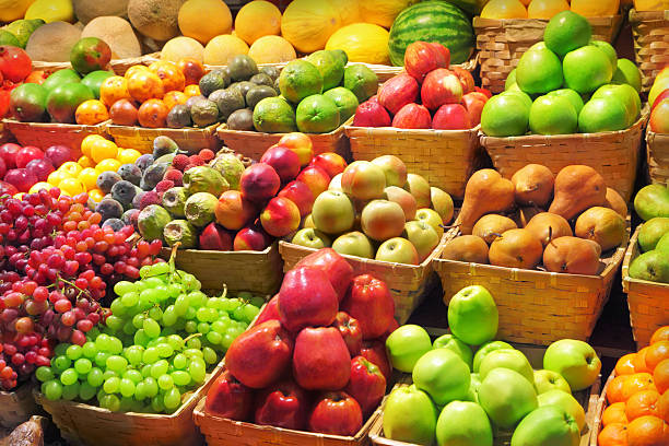 istock Boxes of fruit on the market stall 177035055