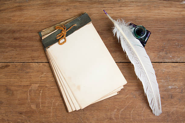 istock Vintage notebook, quill and inkwell on wood background 177035093