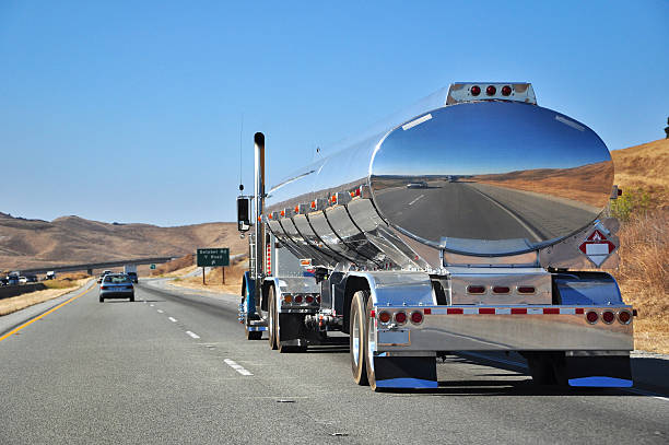 Road Train Chormed Truck on Highway 1, California, USA fuel truck photos stock pictures, royalty-free photos & images
