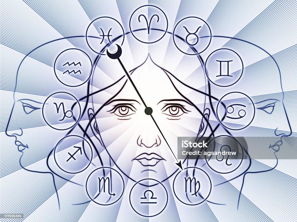 Toward Fate "Interplay of Zodiac symbols, outlines of human heads, directional arrow and abstract design elements on the subject of astrology, fortune telling, horoscopes, destiny and personal relationships" Abstract Stock Photo