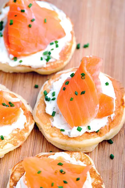 Platter of bite size smoked salmon appetizers suitable for a party