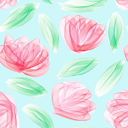 Hand Drawn Floral Seamless Pattern with Pink Flowers and Leaves. Watercolor, Acrylic Painting Floral Pattern. Design Element for Greeting Cards and Wedding, Birthday and other Holiday and Invitation Cards.