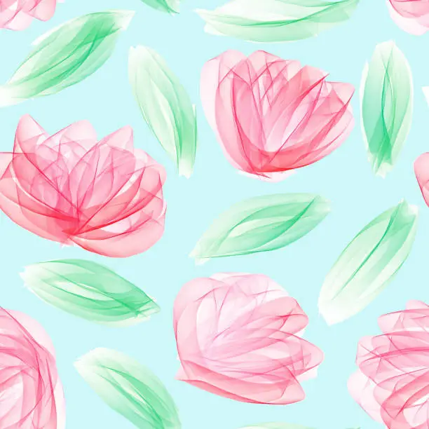 Vector illustration of Hand Drawn Floral Seamless Pattern with Pink Flowers and Leaves. Watercolor, Acrylic Painting Floral Pattern. Design Element for Greeting Cards and Wedding, Birthday and other Holiday and Invitation Cards.