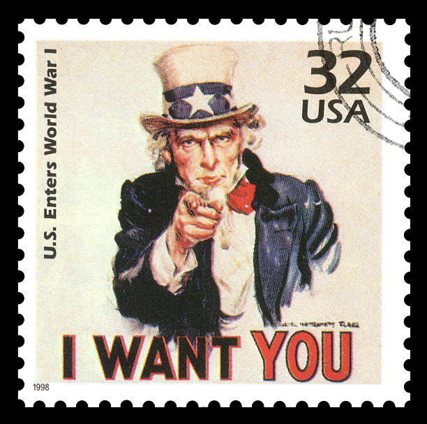 USA Postage Stamp Uncle Sam USA vintage postage stamp showing an image of Uncle Sam from World War One  saying 'I want you world war i photos stock pictures, royalty-free photos & images