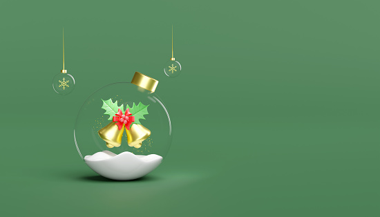 snow globe christmas decorative glass transparent with jingle bell, red bow, holly berry leaves, snowflake. merry christmas and happy new year, 3d render illustration