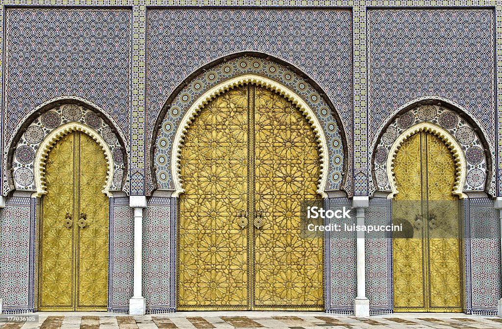Golden doors of Fez Royal Palace "the three big golden doors of the royal palace of Fez, morocco" Morocco Stock Photo