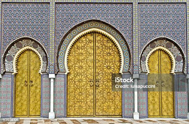 Golden Doors Of Fez Royal Palace Stock Photo - Download Image Now - Morocco, Door, Palace
