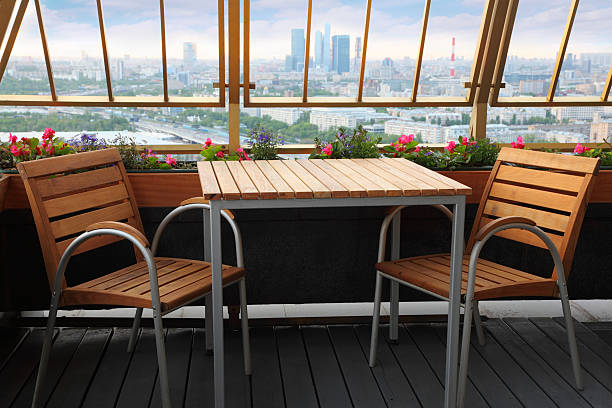 istock Wooden chairs and table at terrace in restaurant 177036111