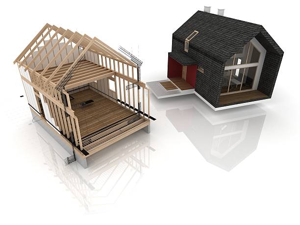 House - during and after construction visualization of wooden house during project. Before and after constructing basement construction site construction blueprint stock pictures, royalty-free photos & images