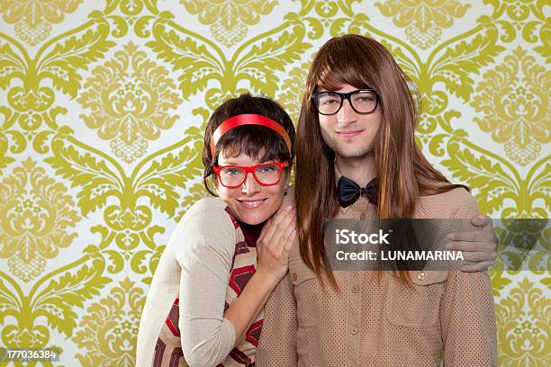 Funny Humor Nerd Couple On Vintage Wallpaper Stock Photo - Download Image Now - Unfashionable, 1970-1979, Kitsch