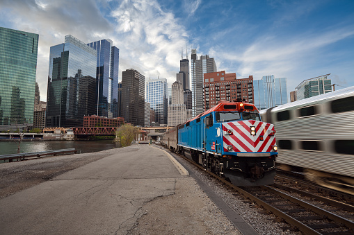 Metra train arriving from Chicago downtown district.