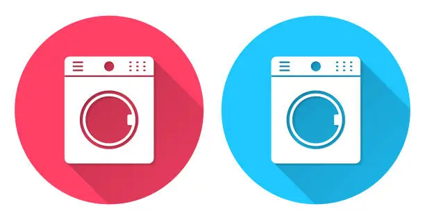 Vector illustration of Washing machine. Round icon with long shadow on red or blue background