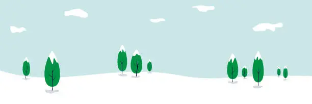 Vector illustration of Winter landscape of snowy lowland with trees. Vector illustration banner
