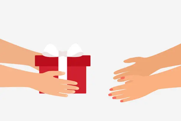 Vector illustration of Side View Of Hands Giving Gift Box To Another Hand. Happy New Year And Christmas Celebration Concept