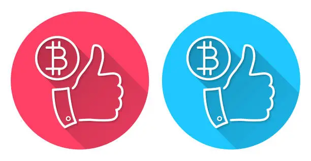 Vector illustration of Bitcoin coin with thumbs up. Round icon with long shadow on red or blue background
