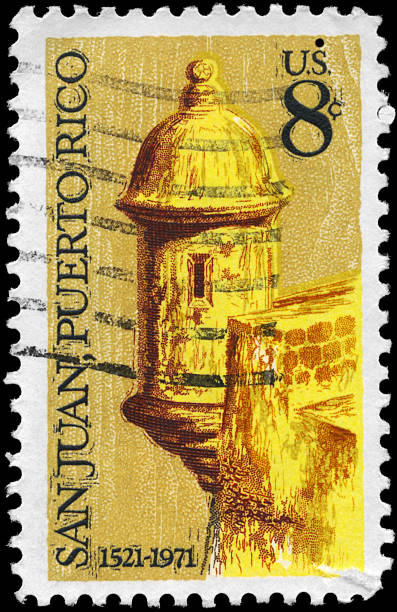 Sentry Box "A Stamp printed in USA shows Sentry Box, Morro Castle, San Juan, 450th Anniversary, circa 1971" morro castle havana stock pictures, royalty-free photos & images