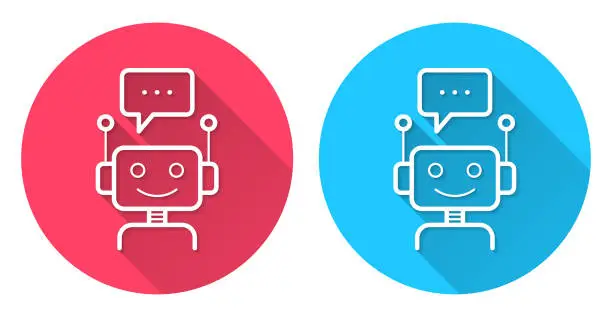Vector illustration of Chatbot with speech bubble. Round icon with long shadow on red or blue background