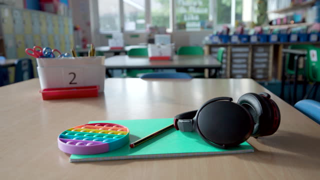 Aids Like Ear Defenders Or Headphones And Fidget Toy To Help Child With ASD Or Autism on Table In Empty School Classroom