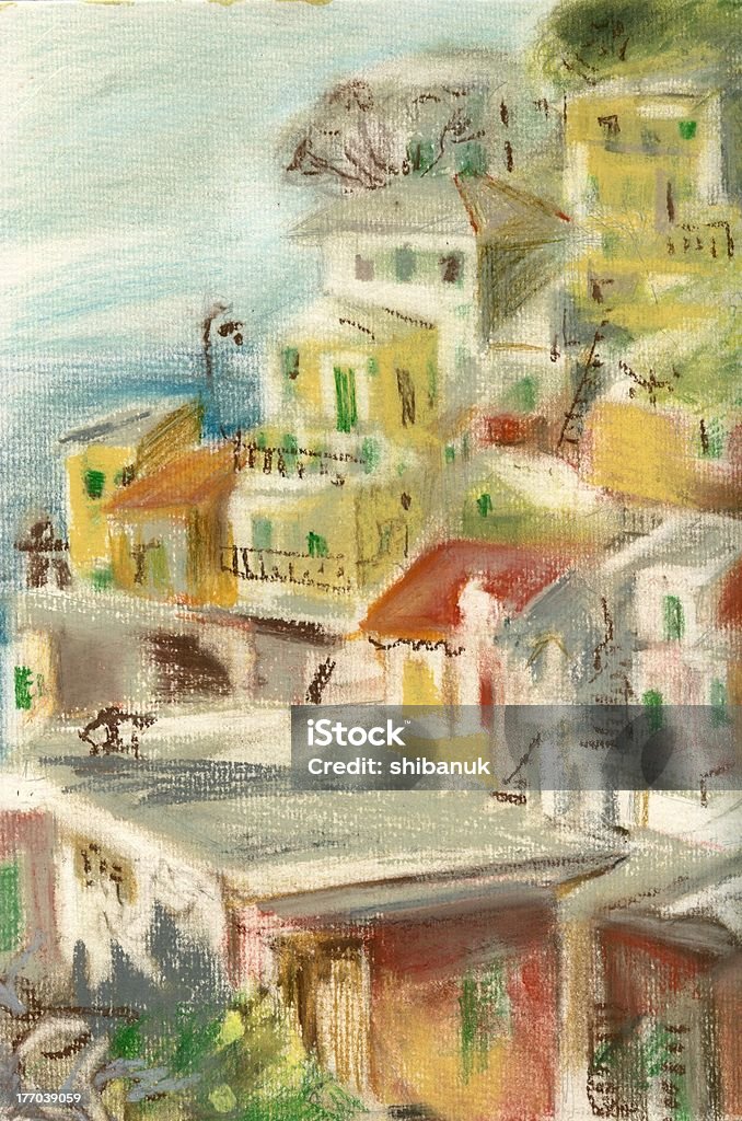 Riomaggiore, Cinque Terre "Pastel illustration, painted by photographer, depicts fishing village of Riomaggiore, Cinque Terre, Italy" Architecture stock illustration