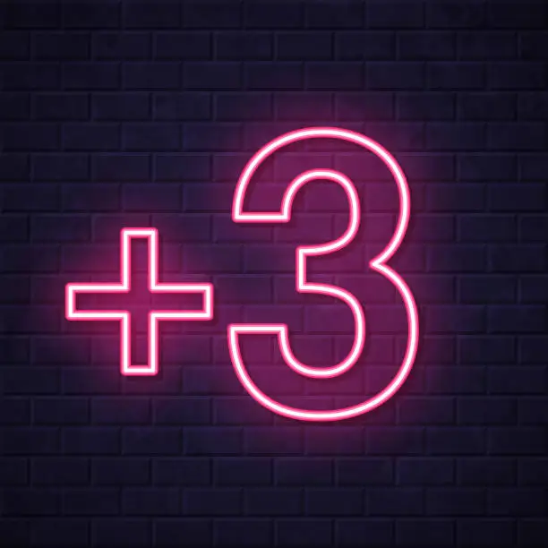 Vector illustration of +3, Plus three. Glowing neon icon on brick wall background