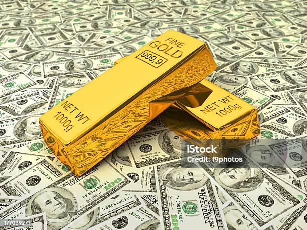 Gold Bars On Dollars Stock Photo - Download Image Now - Banking, Business, Close-up