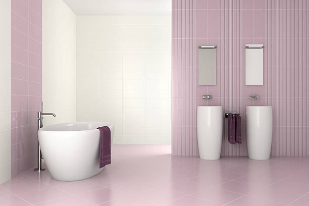 istock purple modern bathroom with double basin and bathtub 177039978