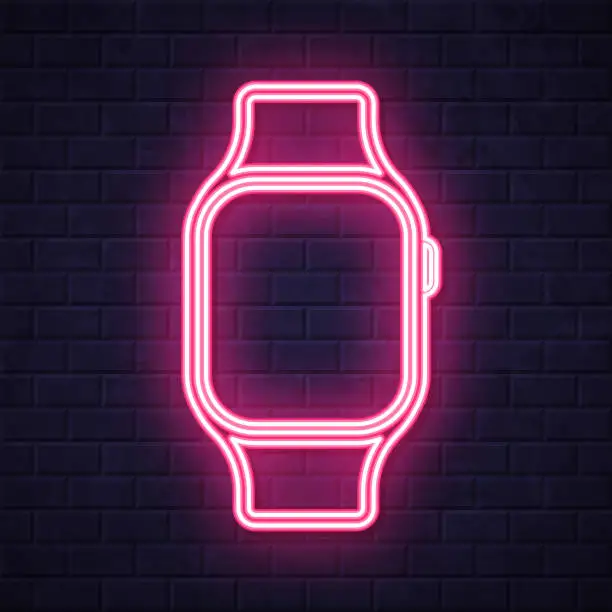 Vector illustration of Smartwatch. Glowing neon icon on brick wall background