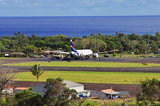 Hanga Roa, Easter Island, Chile - 28 Dec 2019: Latam airlines in the airport Hanga Roa on Rapa Nui, Easter Island, Chile