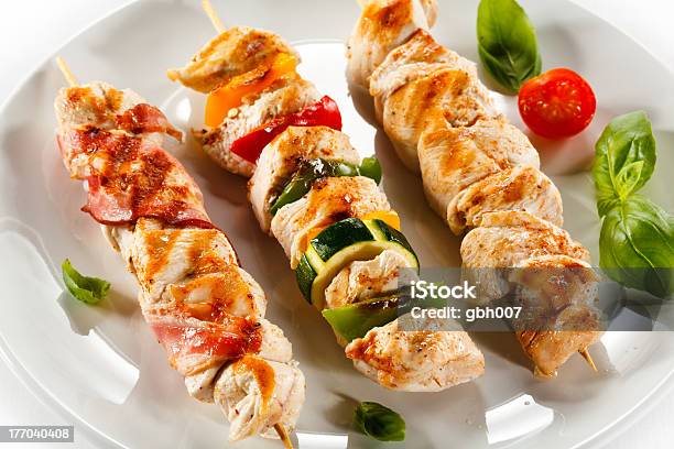 Kebab Grilled Meat And Vegetables Stock Photo - Download Image Now - Appetizer, Barbecue - Meal, Basil