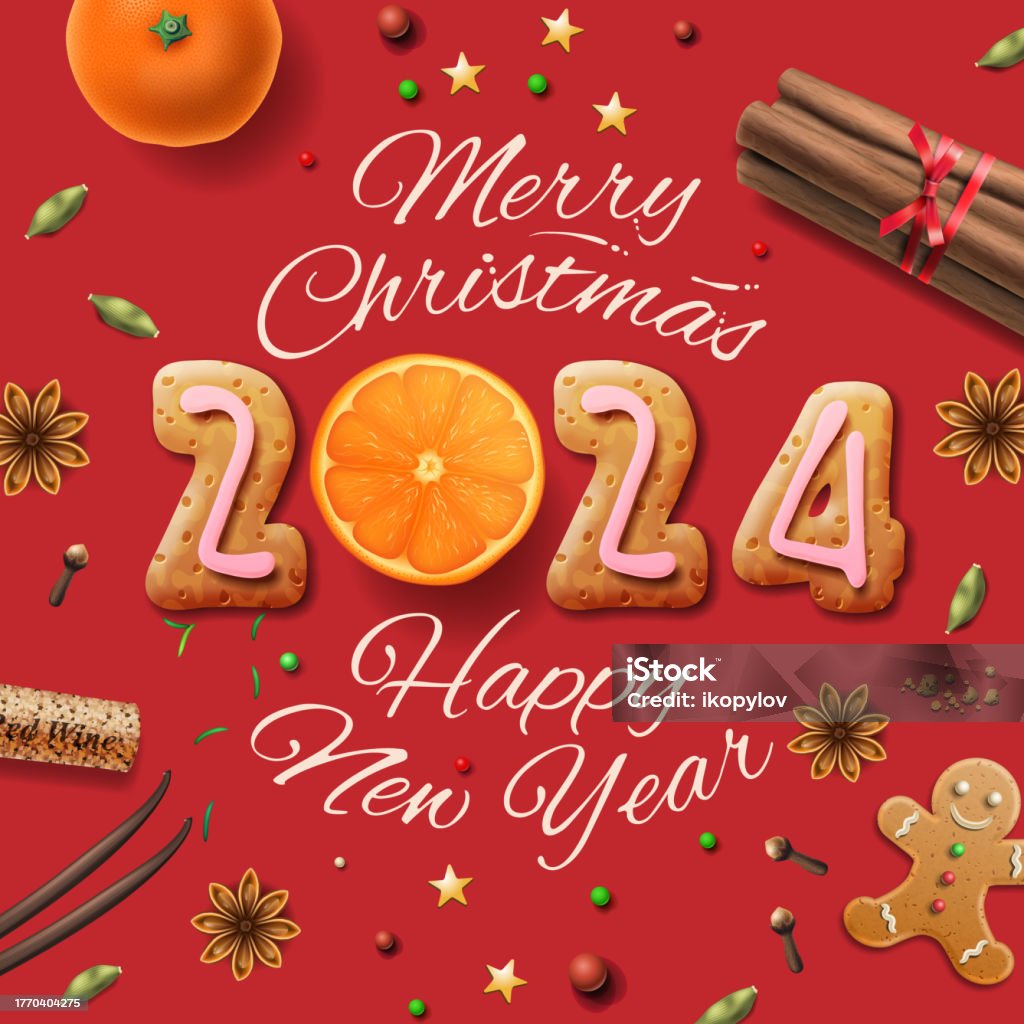 Merry Christmas 2024 Design With Gingerbread Cookies Spices Cinnamon