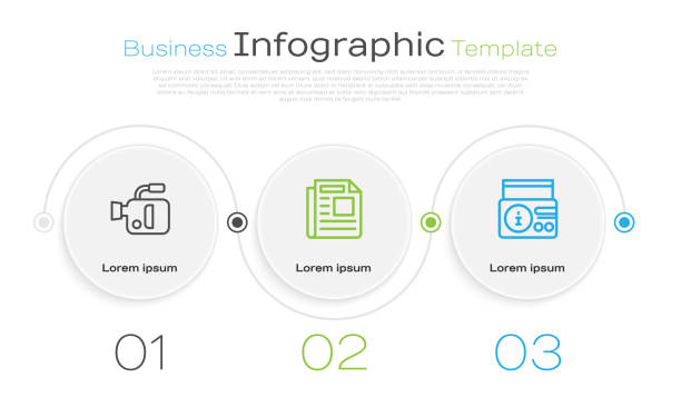 ilustrações de stock, clip art, desenhos animados e ícones de set line cinema camera, news and on radio channel. business infographic template. vector - 7651