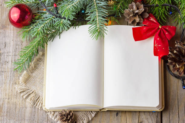 istock Open blank notebook decorated with a red bow and Christmas fir branches 1770410403