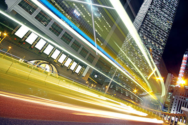 istock Night Light trace modern architecture background in hongkong, Ch 177041043
