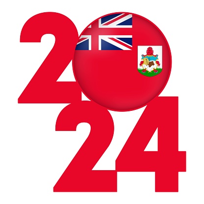 Happy New Year 2024 banner with Bermuda flag inside. Vector illustration.