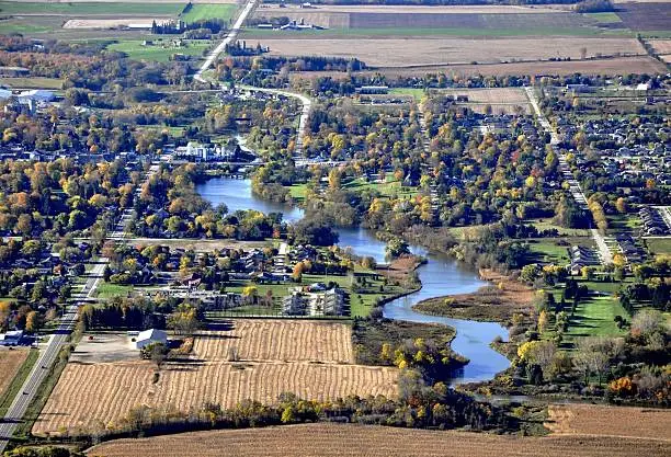 "Autumn aerial view of Mitchell a small community in Perth County, Ontario, Canada"
