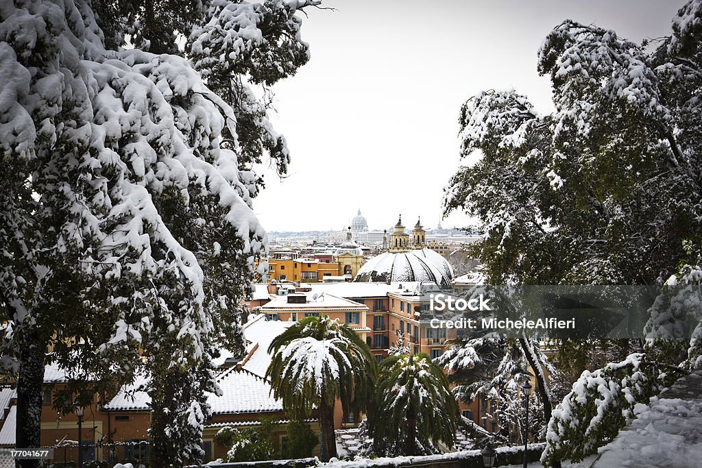 View of Rome from Villa Borghese gardens, Italy. "Febrary 4, 2012 - Rome (Italy), the rare cold leaves the Italian city Rome blanketed with snow." Antique Stock Photo