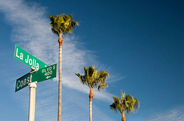 La Jolla Boulevard @ Coast "La Jolla Boulevard @ Coast Boulevard - street sign with palm trees in La Jolla, California." la jolla stock pictures, royalty-free photos & images