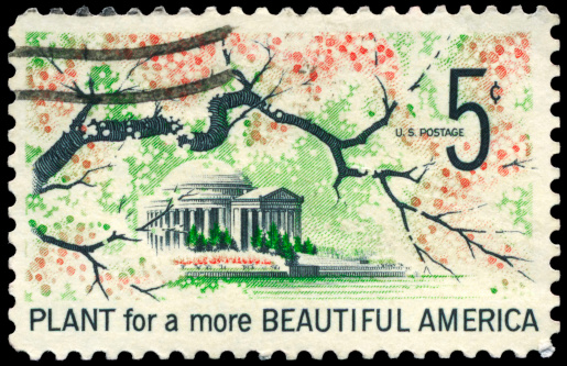 American stamp with stars and stripes flag and White House