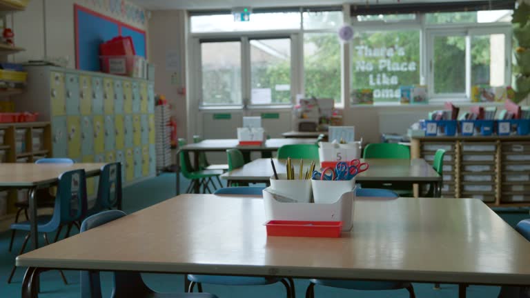 Camera Pans Across Tables And Chairs In Empty Primary Or Elementary School Classroom