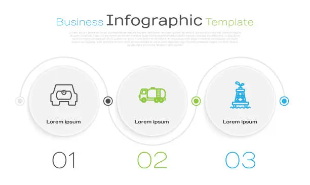 Vector illustration of Set line Gas tank for vehicle, Tanker truck and Oil rig. Business infographic template. Vector