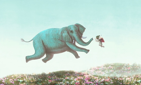 Education dream inspiration and freedom concept, girl with book wing and flying elephant. surreal painting. Fantasy art, conceptual artwork, happiness of child , 3d illustration