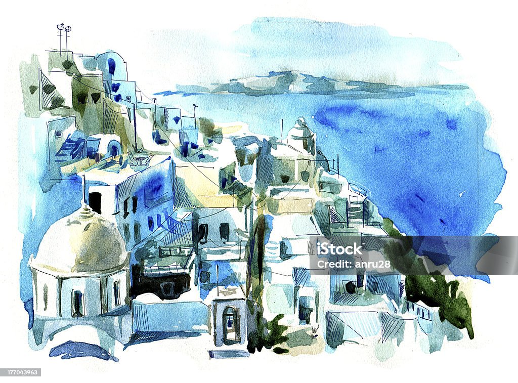 Santorini (Thira) - Ilustración de stock de Grecia - Europa del sur libre de derechos