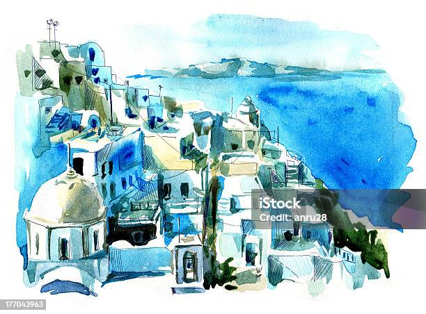 Cité Thira De Santorini Vecteurs libres de droits et plus d'images vectorielles de Grèce - Grèce, Aquarelle, Santorin