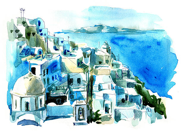 Santorini (Thira) "Watercolor painting of the marine view from the Greek island Santorini. This image represents not only densely built-up island ambience but also absolute freedom, represented by the sea.Watercolor, watercolor paper.This illustration is my original watercolor painting. Illustration is scanned for upload to istock.St. Petersburg  April,2012." greece illustrations stock illustrations